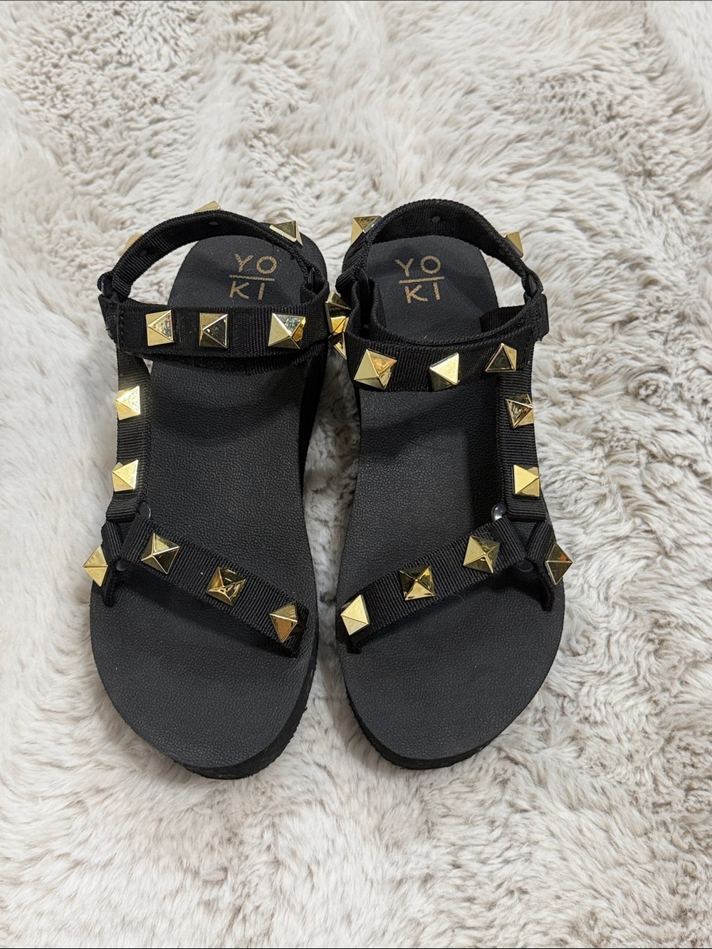 Yoki Black Sandals with Gold Pyramid Studs